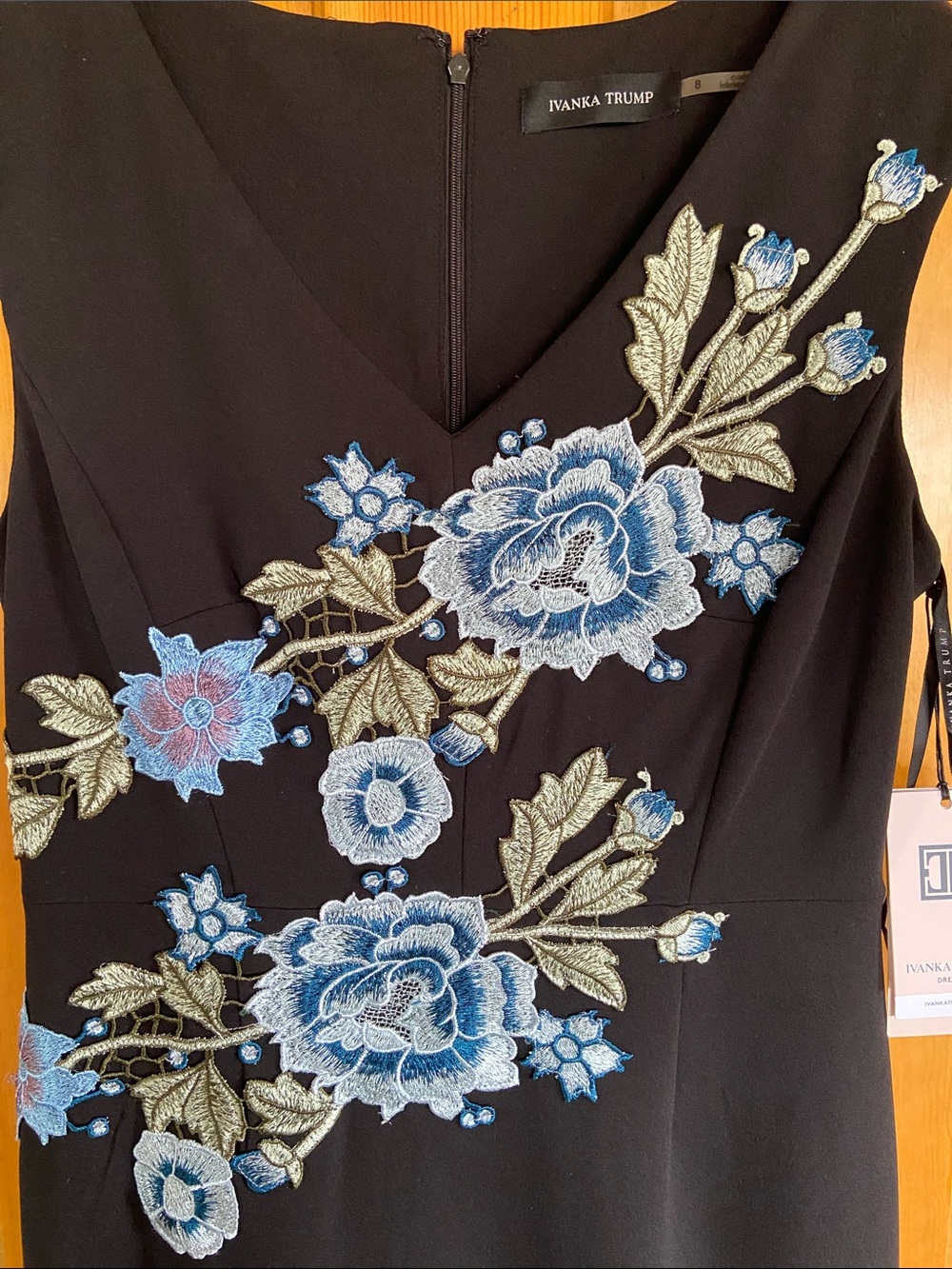 Ivanka Trump Black Midi Dress with Blue Floral & Green Leaf Embroidery - Picture 4 of 6